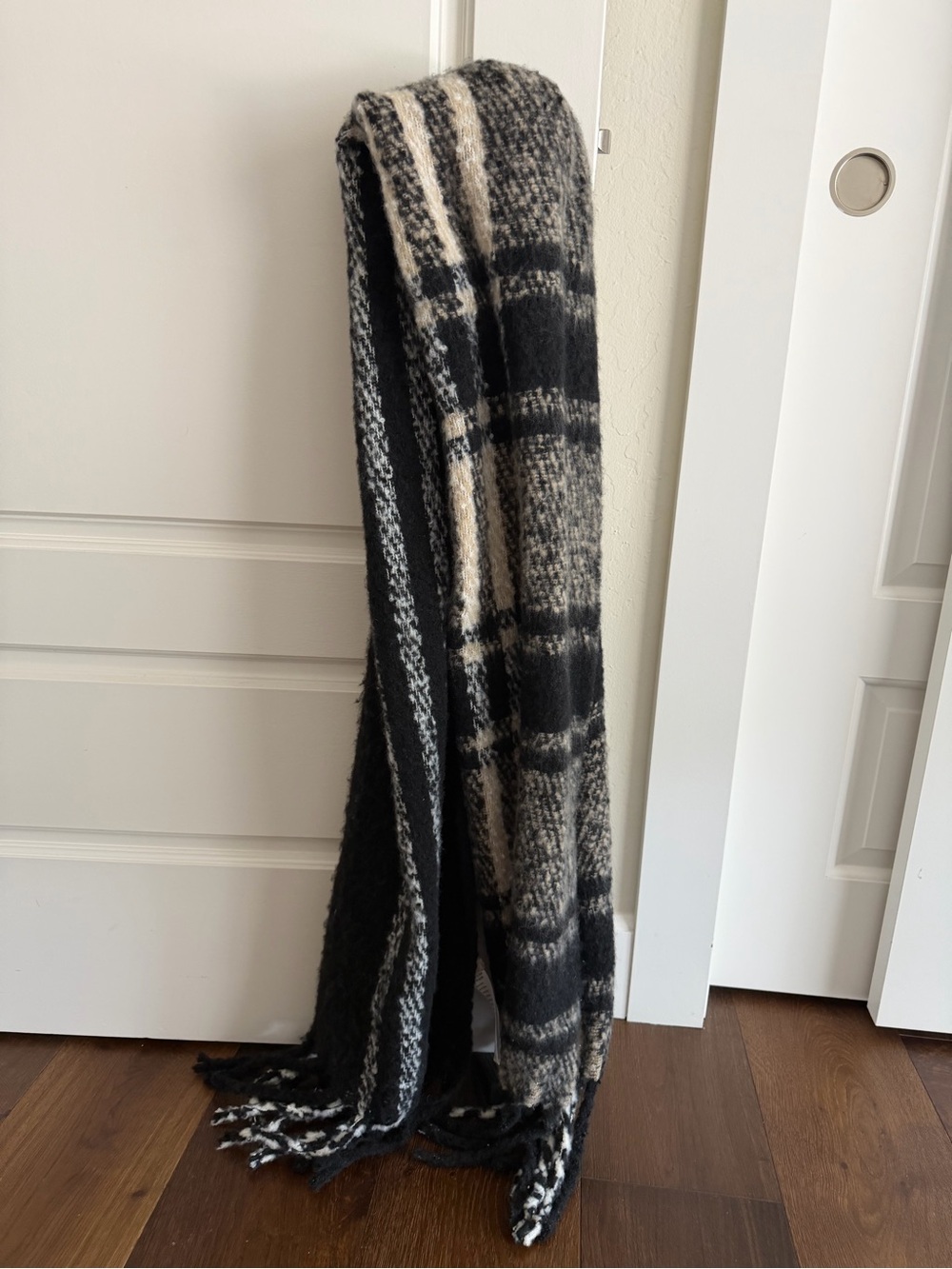 Free People Black & Cream Plaid Knit Scarf
